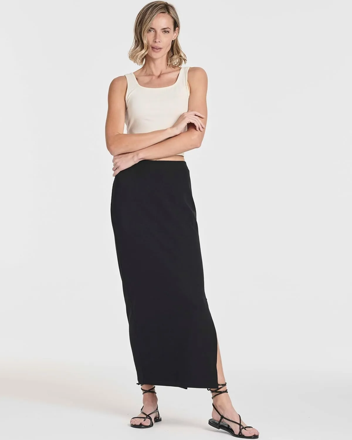 Real Essentials 3 Pack: Women's Ribbed High Waisted Maxi Skirt with Side Slit - Casual Long Pencil Skirt