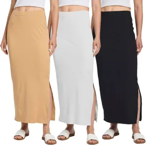 Real Essentials 3 Pack: Women's Ribbed High Waisted Maxi Skirt with Side Slit - Casual Long Pencil Skirt