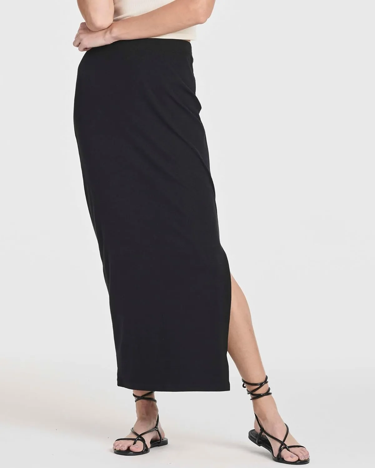 Real Essentials 3 Pack: Women's Ribbed High Waisted Maxi Skirt with Side Slit - Casual Long Pencil Skirt