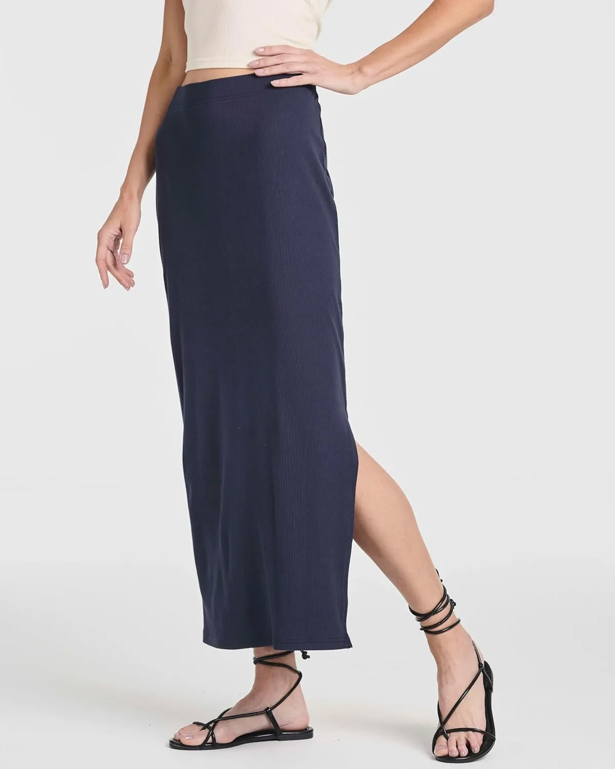 Real Essentials 3 Pack: Women's Ribbed High Waisted Maxi Skirt with Side Slit - Casual Long Pencil Skirt