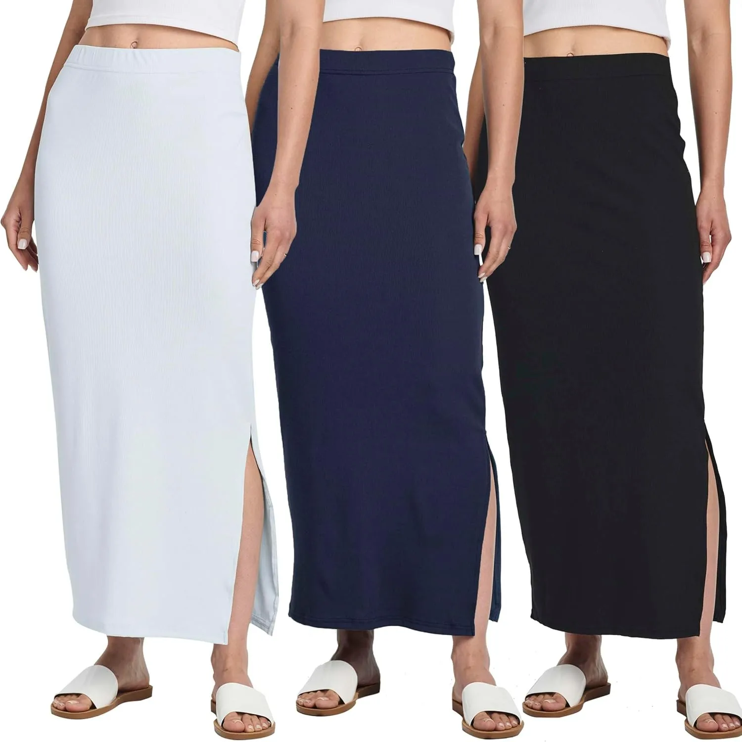Real Essentials 3 Pack: Women's Ribbed High Waisted Maxi Skirt with Side Slit - Casual Long Pencil Skirt