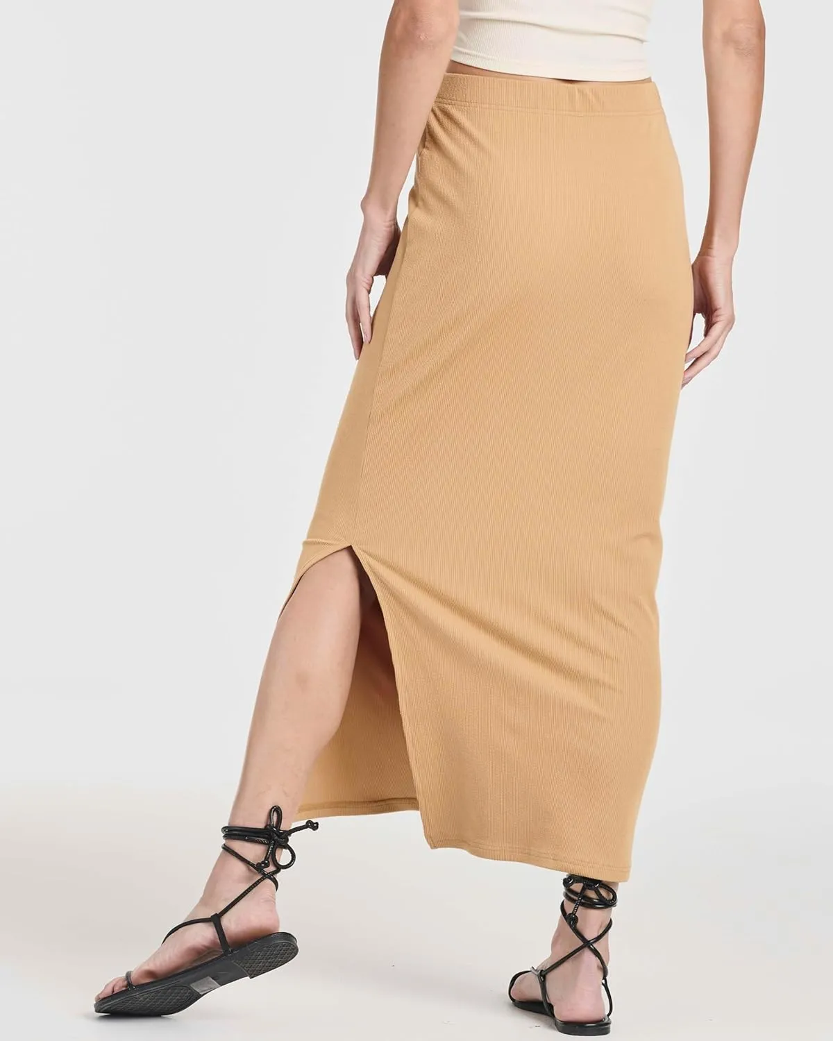 Real Essentials 3 Pack: Women's Ribbed High Waisted Maxi Skirt with Side Slit - Casual Long Pencil Skirt