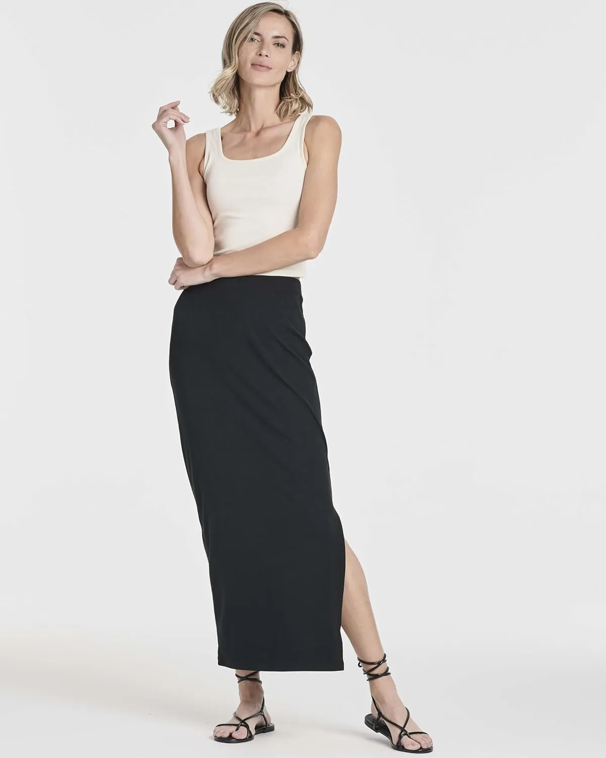 Real Essentials 3 Pack: Women's Ribbed High Waisted Maxi Skirt with Side Slit - Casual Long Pencil Skirt