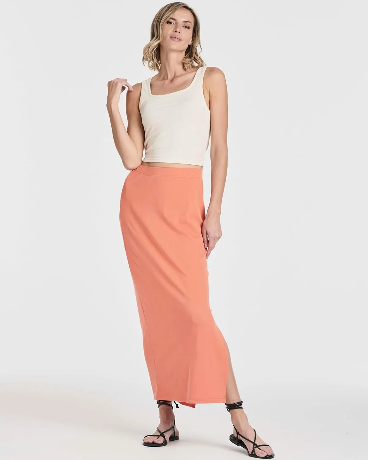 Real Essentials 3 Pack: Women's Ribbed High Waisted Maxi Skirt with Side Slit - Casual Long Pencil Skirt