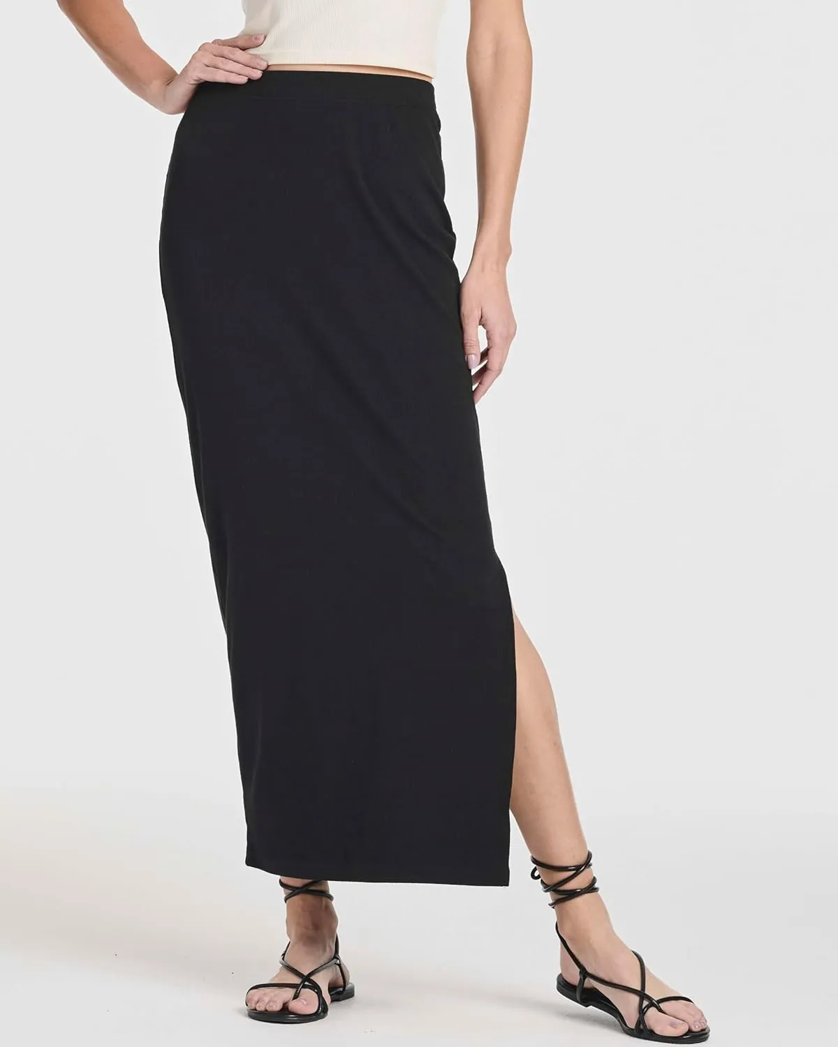 Real Essentials 3 Pack: Women's Ribbed High Waisted Maxi Skirt with Side Slit - Casual Long Pencil Skirt