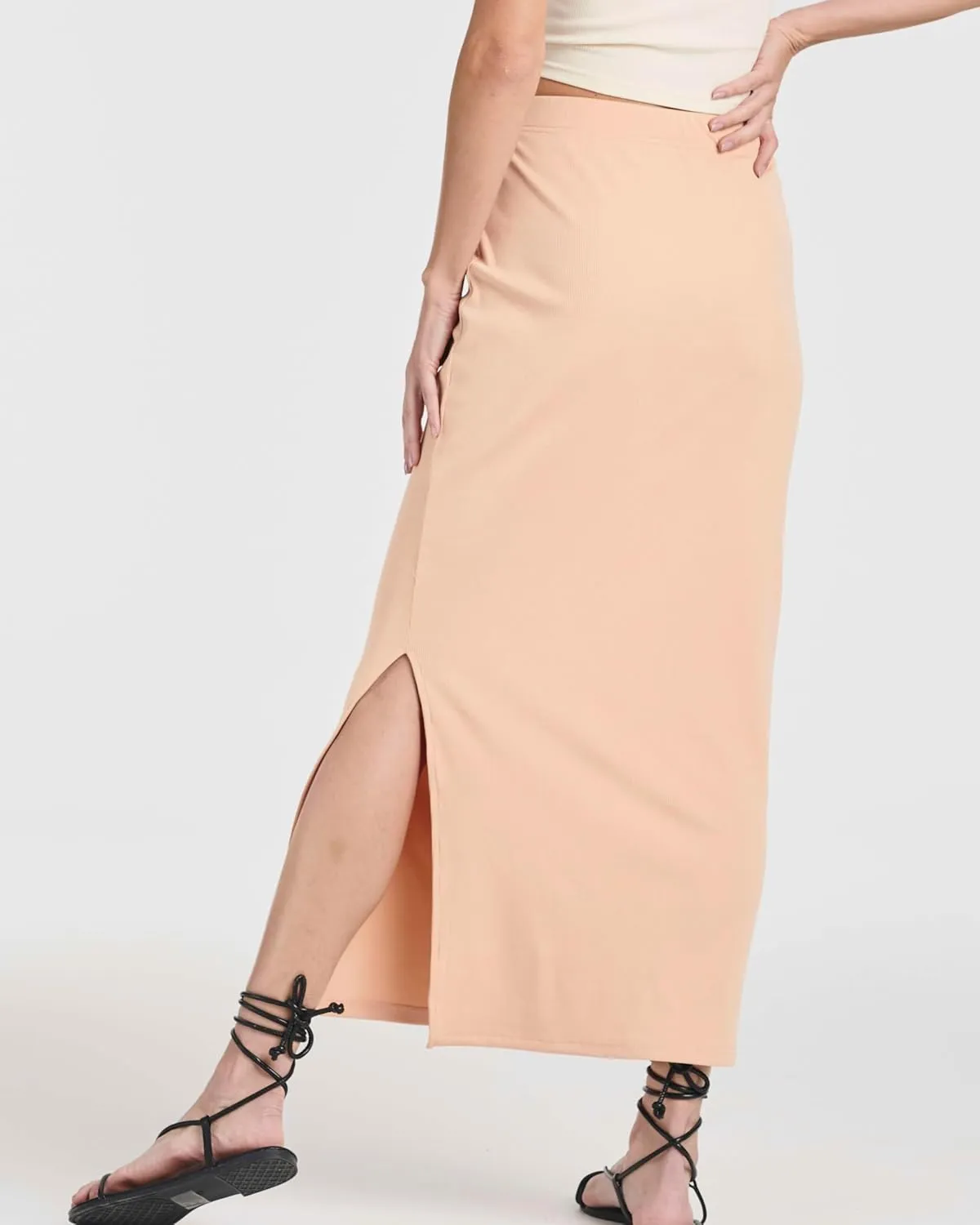 Real Essentials 3 Pack: Women's Ribbed High Waisted Maxi Skirt with Side Slit - Casual Long Pencil Skirt