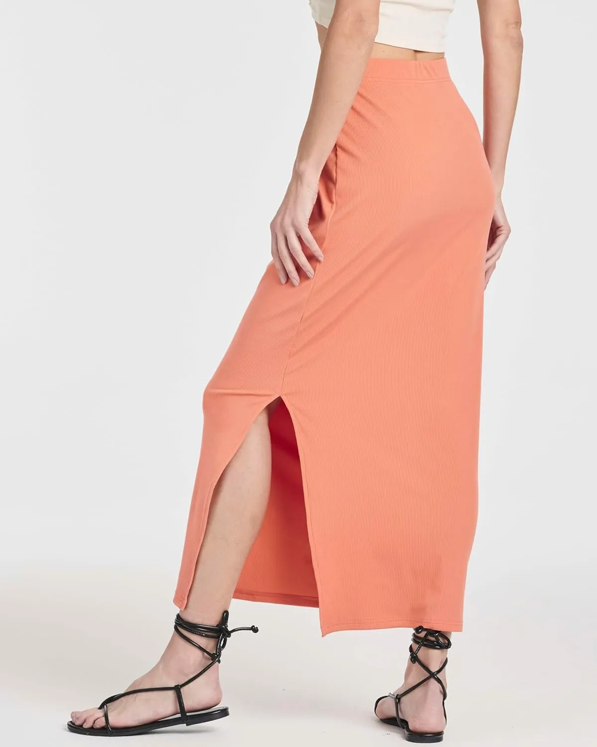 Real Essentials 3 Pack: Women's Ribbed High Waisted Maxi Skirt with Side Slit - Casual Long Pencil Skirt