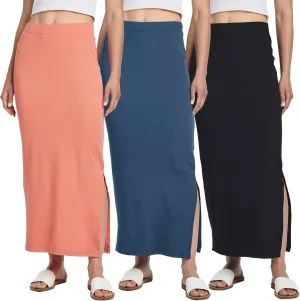 Real Essentials 3 Pack: Women's Ribbed High Waisted Maxi Skirt with Side Slit - Casual Long Pencil Skirt