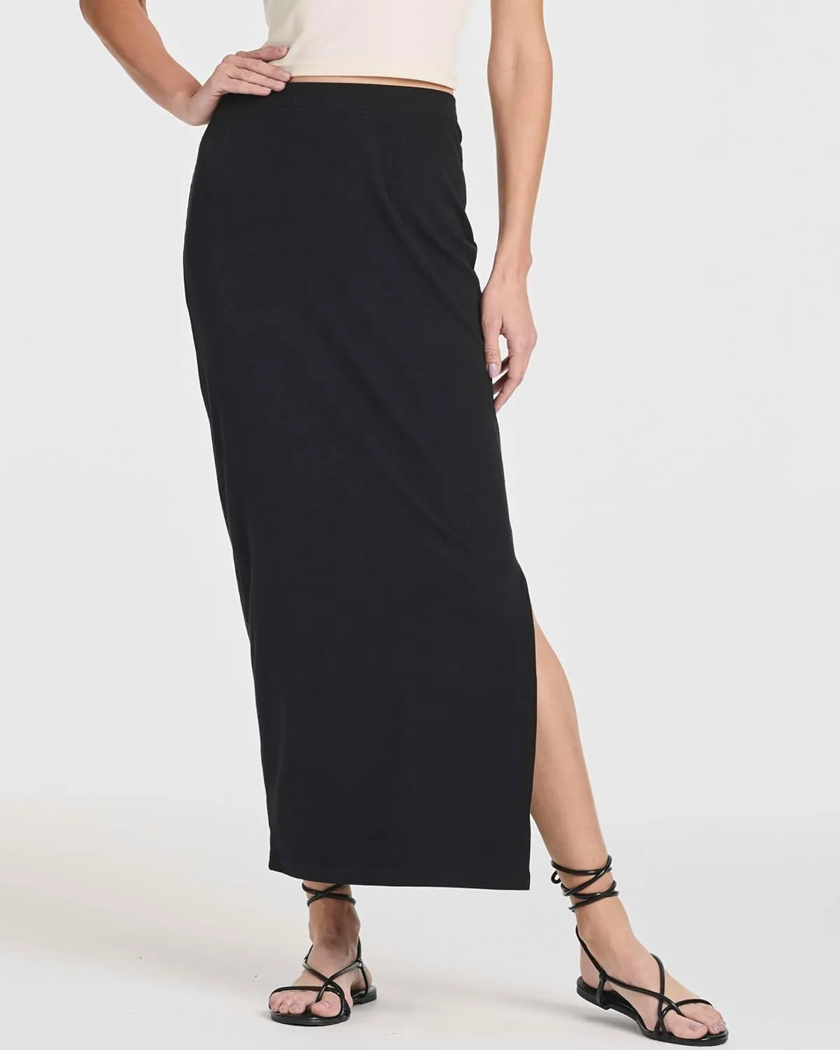 Real Essentials 3 Pack: Women's Ribbed High Waisted Maxi Skirt with Side Slit - Casual Long Pencil Skirt