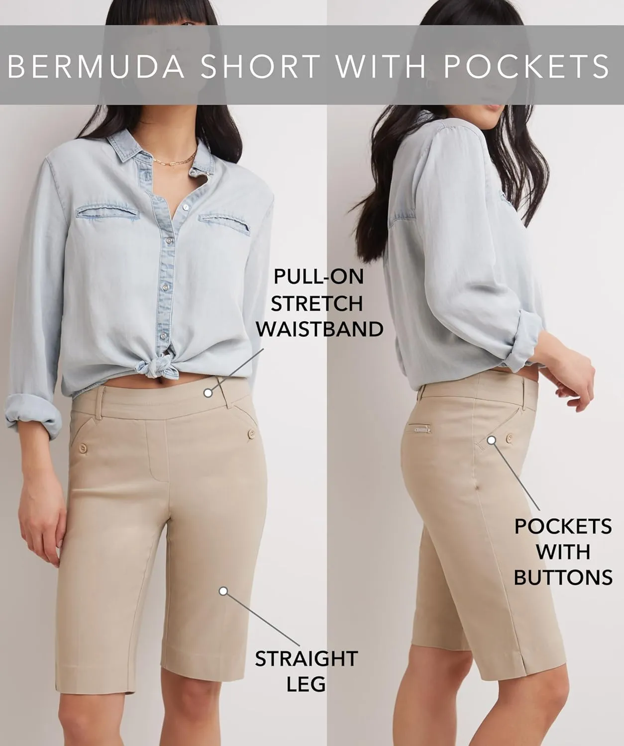 Rekucci Women's Ease Into Comfort Modern Pull-On Bermuda Short with Pockets