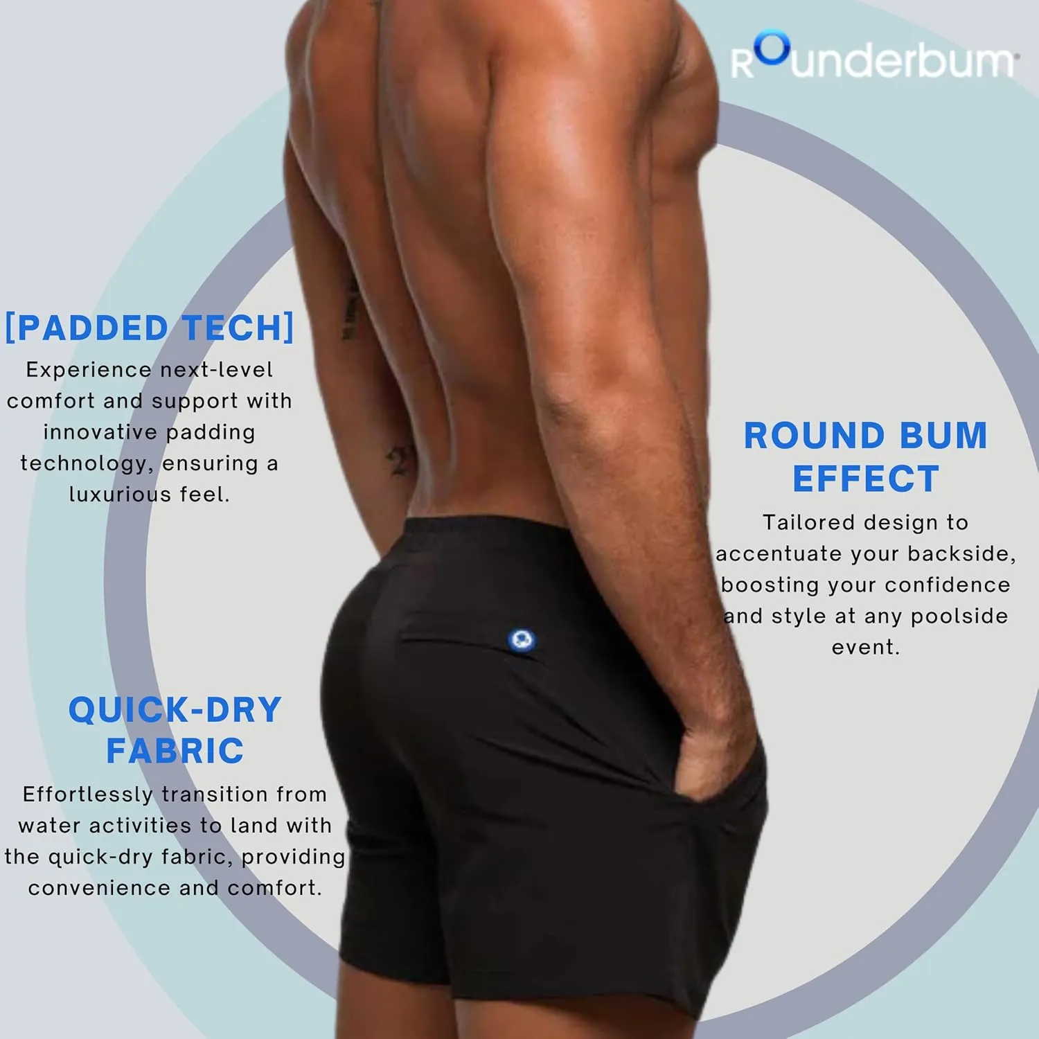 Rounderbum Mens Swimwear | Beach Shorts | Padded Technology | Quick Dry | Drawstring | Bathing Suits | Swim Shorts