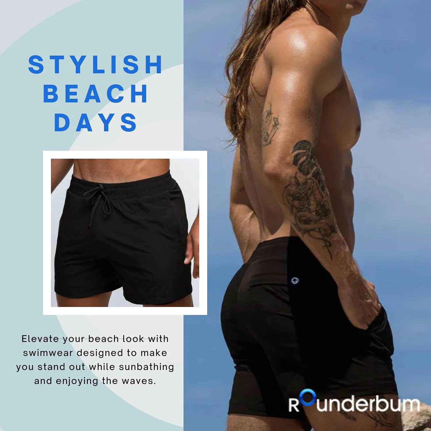 Rounderbum Mens Swimwear | Beach Shorts | Padded Technology | Quick Dry | Drawstring | Bathing Suits | Swim Shorts