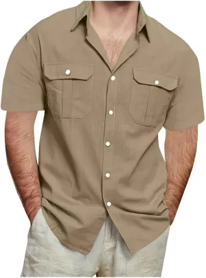 RTTUIOP Linen Shirts for Men Short Sleeve Button Down Shirts Casual Beach Hawaiian Shirt with Pockets