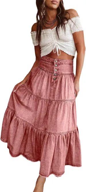 Ru Sweet Women's High Waist Long Denim Skirt Button-Fly Tiered Ruffle Swing A-Line Jean Maxi Skirt with Pockets