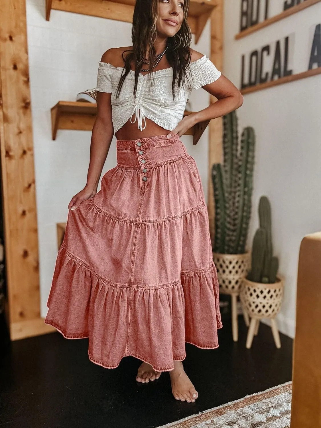 Ru Sweet Women's High Waist Long Denim Skirt Button-Fly Tiered Ruffle Swing A-Line Jean Maxi Skirt with Pockets