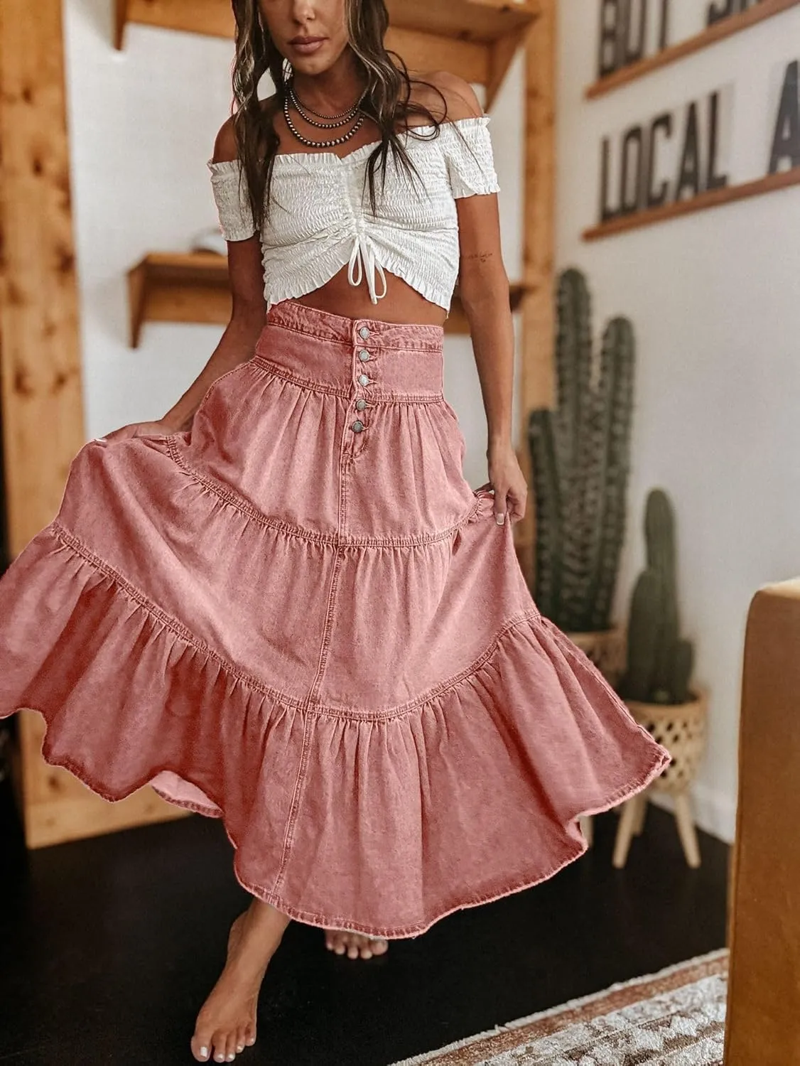 Ru Sweet Women's High Waist Long Denim Skirt Button-Fly Tiered Ruffle Swing A-Line Jean Maxi Skirt with Pockets