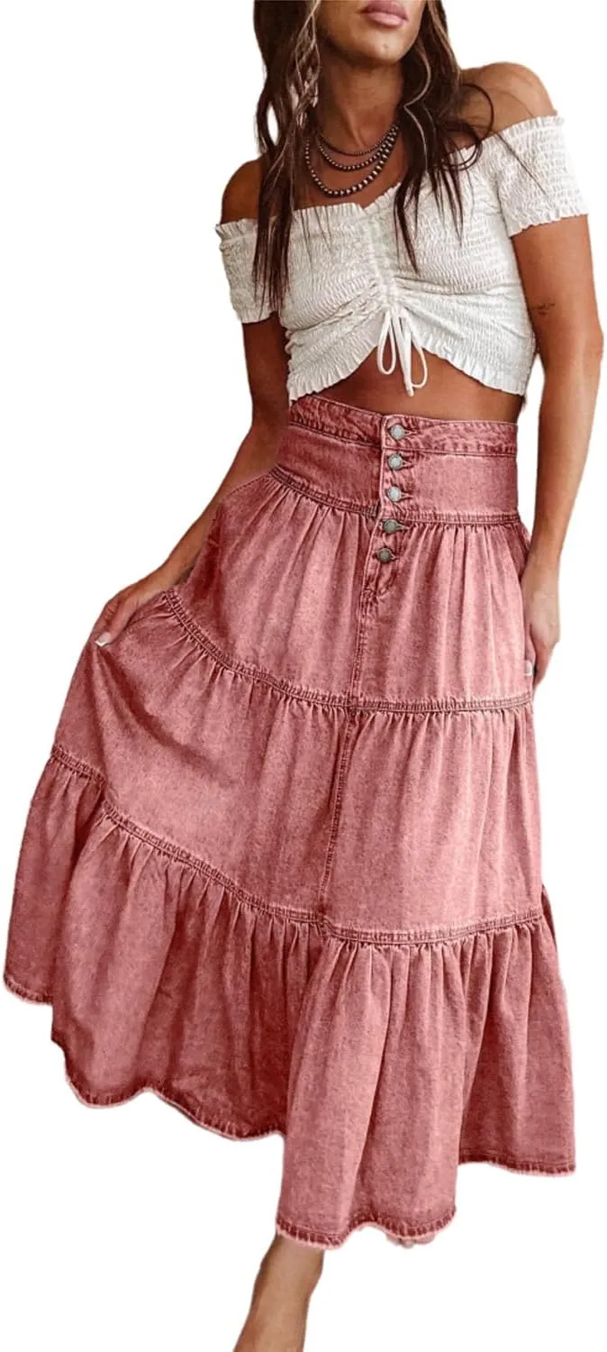 Ru Sweet Women's High Waist Long Denim Skirt Button-Fly Tiered Ruffle Swing A-Line Jean Maxi Skirt with Pockets