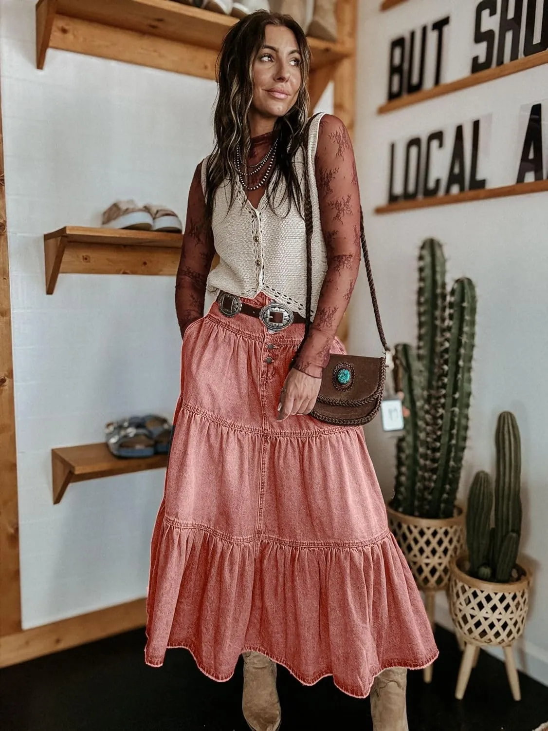 Ru Sweet Women's High Waist Long Denim Skirt Button-Fly Tiered Ruffle Swing A-Line Jean Maxi Skirt with Pockets