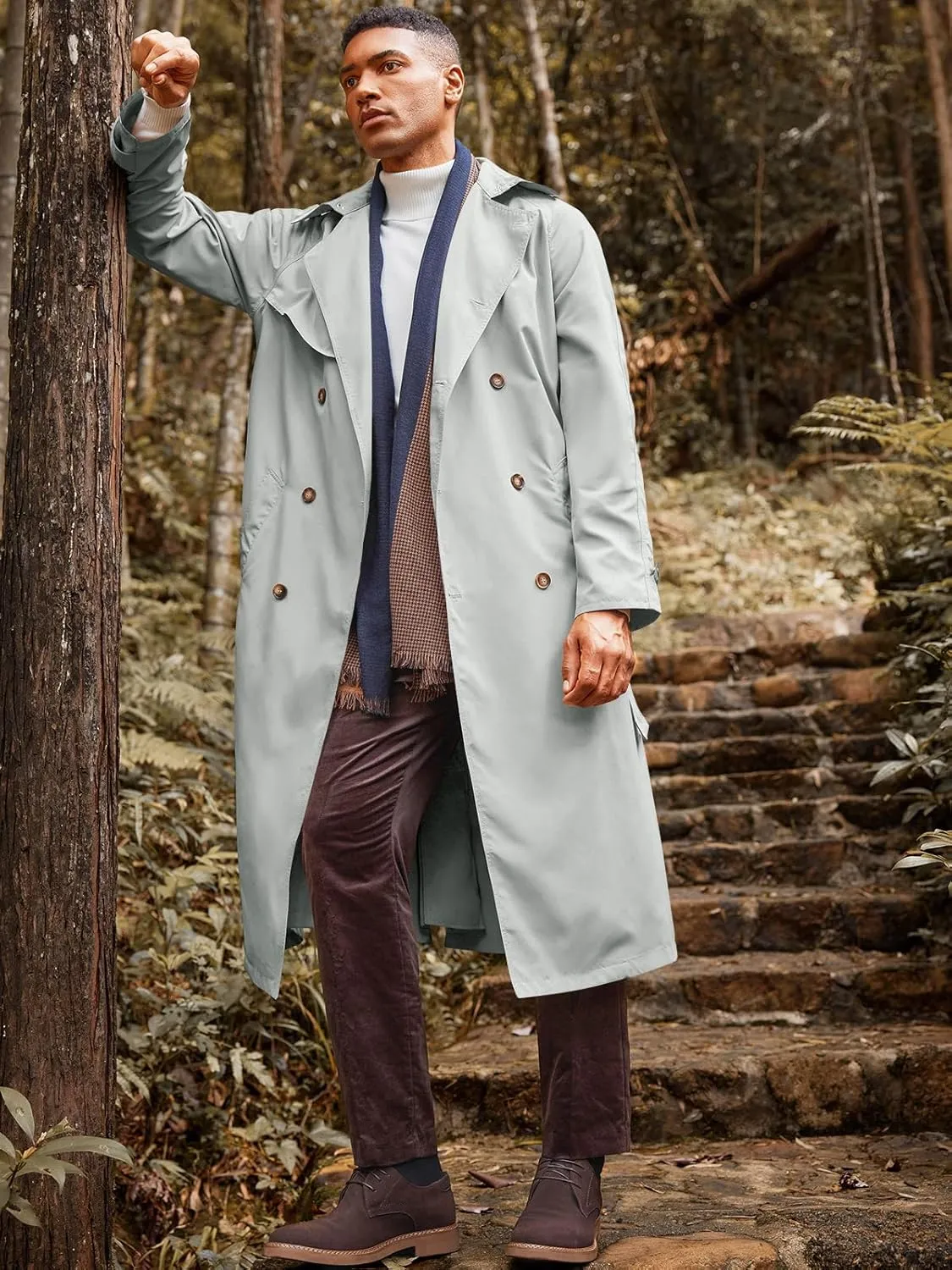 Runcati Mens Trench Coat Double Breasted Belted Windbreaker Jackets Lapel Lightweight Long Jacket Casual Overcoat