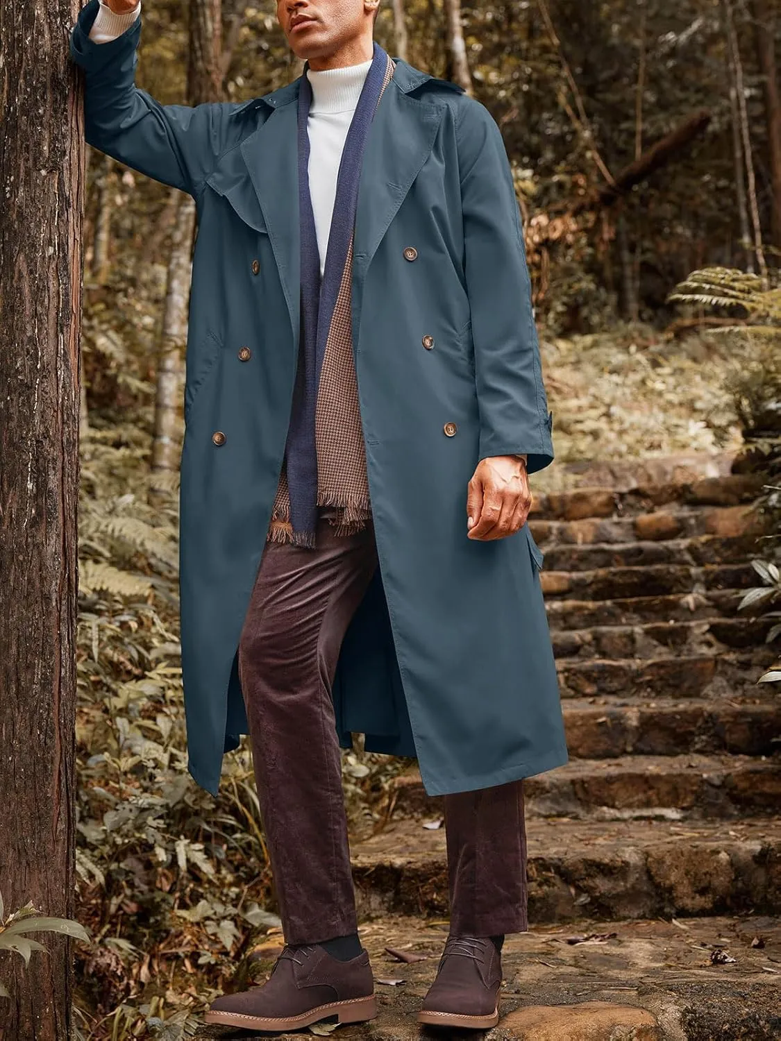 Runcati Mens Trench Coat Double Breasted Belted Windbreaker Jackets Lapel Lightweight Long Jacket Casual Overcoat