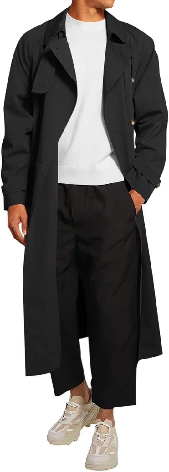 Runcati Mens Trench Coat Double Breasted Belted Windbreaker Jackets Lapel Lightweight Long Jacket Casual Overcoat