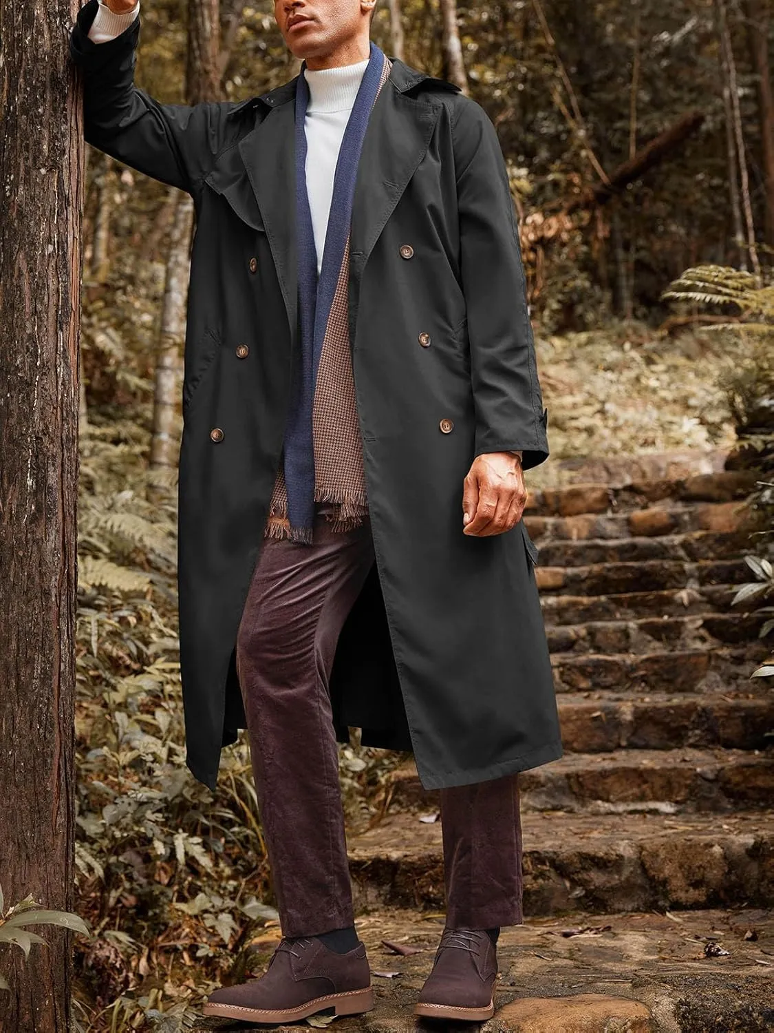 Runcati Mens Trench Coat Double Breasted Belted Windbreaker Jackets Lapel Lightweight Long Jacket Casual Overcoat