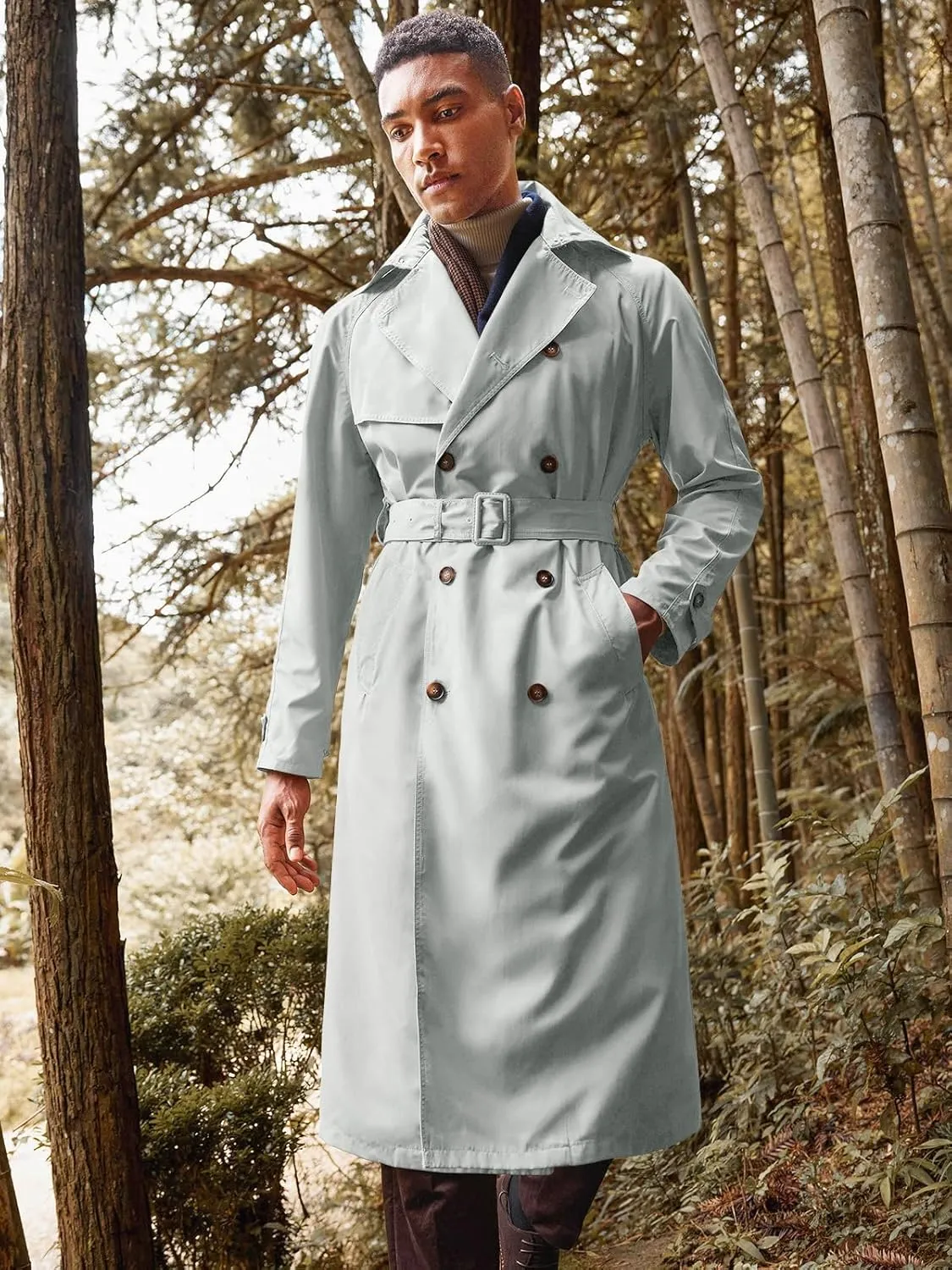 Runcati Mens Trench Coat Double Breasted Belted Windbreaker Jackets Lapel Lightweight Long Jacket Casual Overcoat