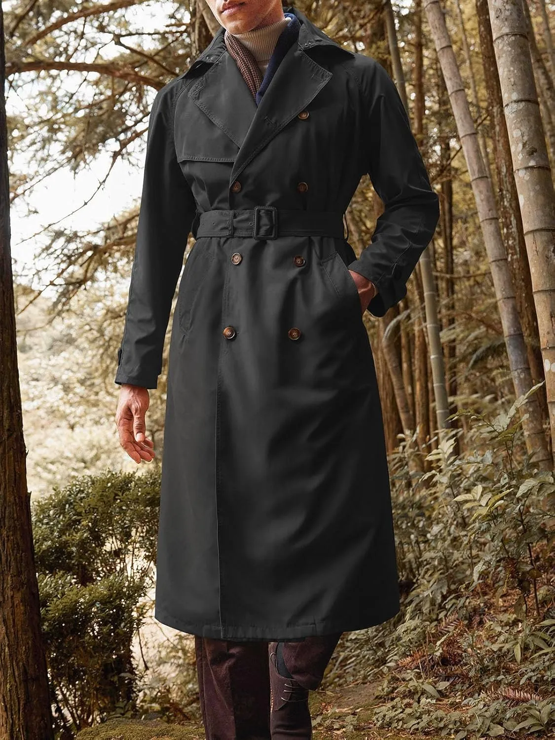 Runcati Mens Trench Coat Double Breasted Belted Windbreaker Jackets Lapel Lightweight Long Jacket Casual Overcoat