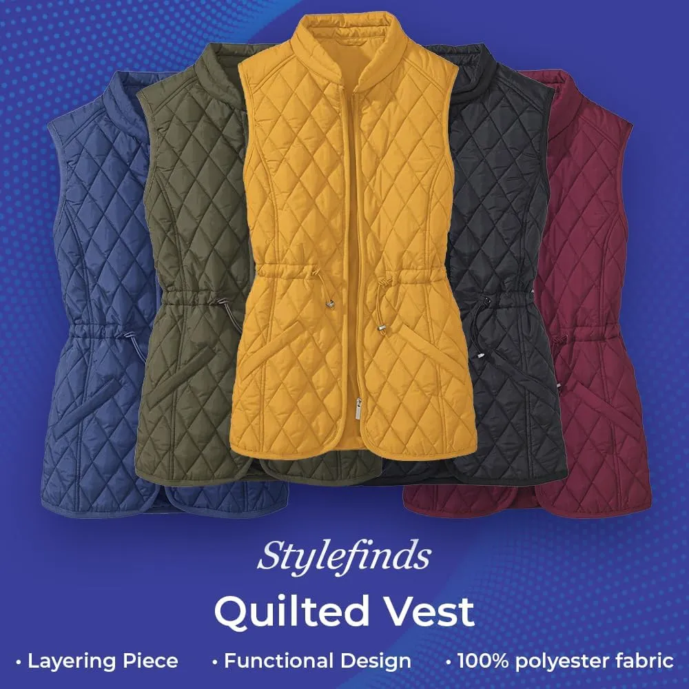 SAGEFINDS Womens Quilted Vest, Stand Collar, Lightweight Padded Vest with Zipper, Pockets and Adjustable Toggle Waist