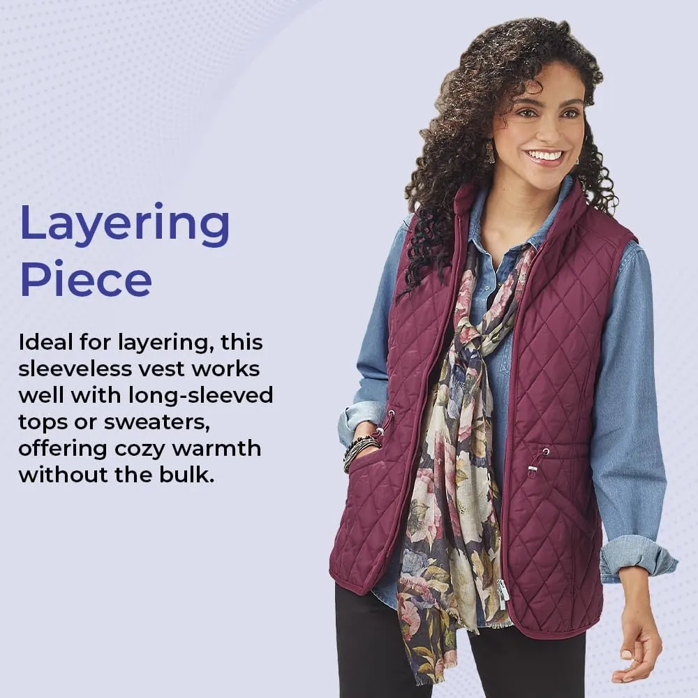 SAGEFINDS Womens Quilted Vest, Stand Collar, Lightweight Padded Vest with Zipper, Pockets and Adjustable Toggle Waist