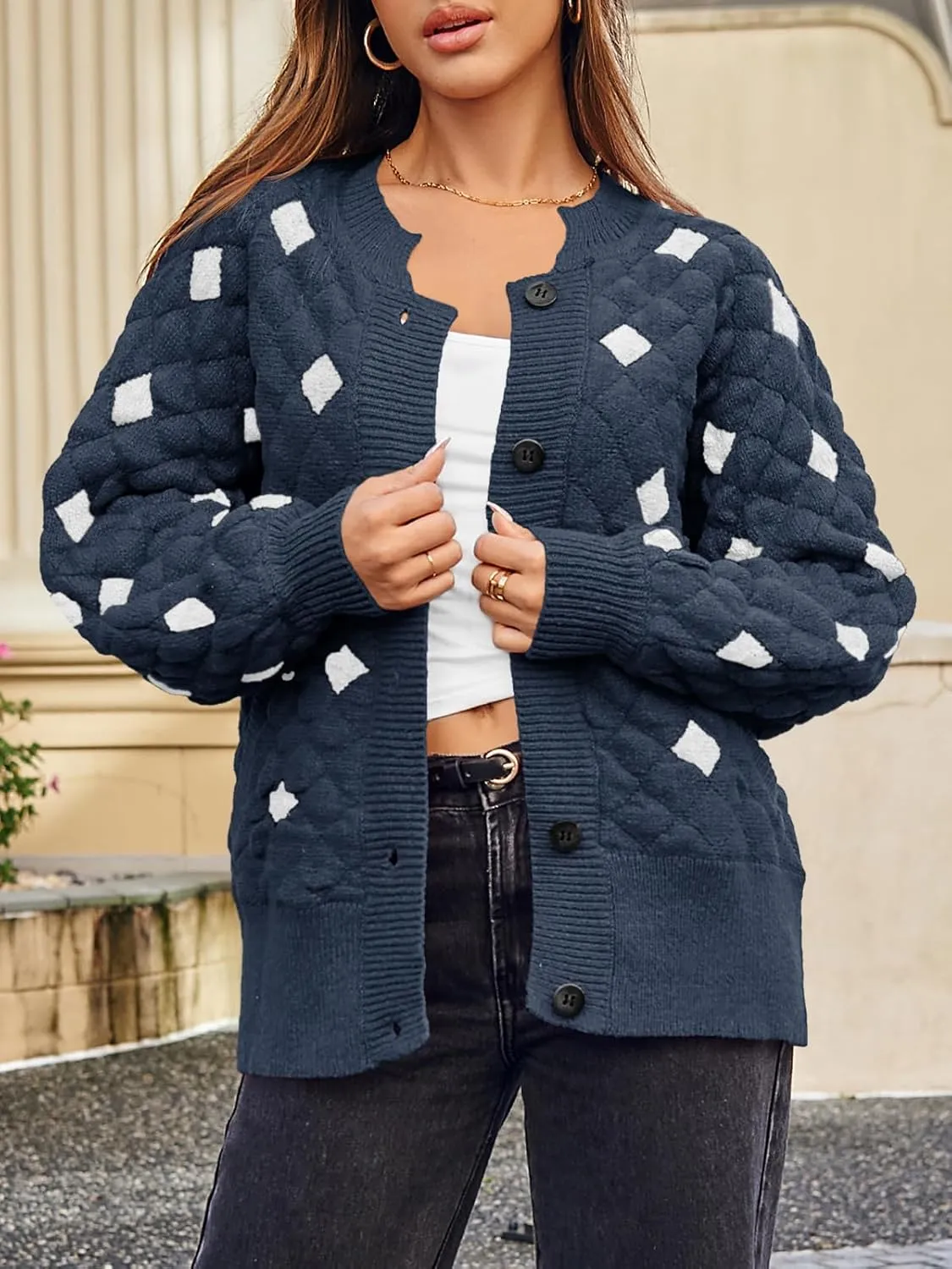 Saodimallsu Womens Chunky Cardigans Button Down Long Sleeve Open Front Plaid Knit Loose Fall Sweater Coats