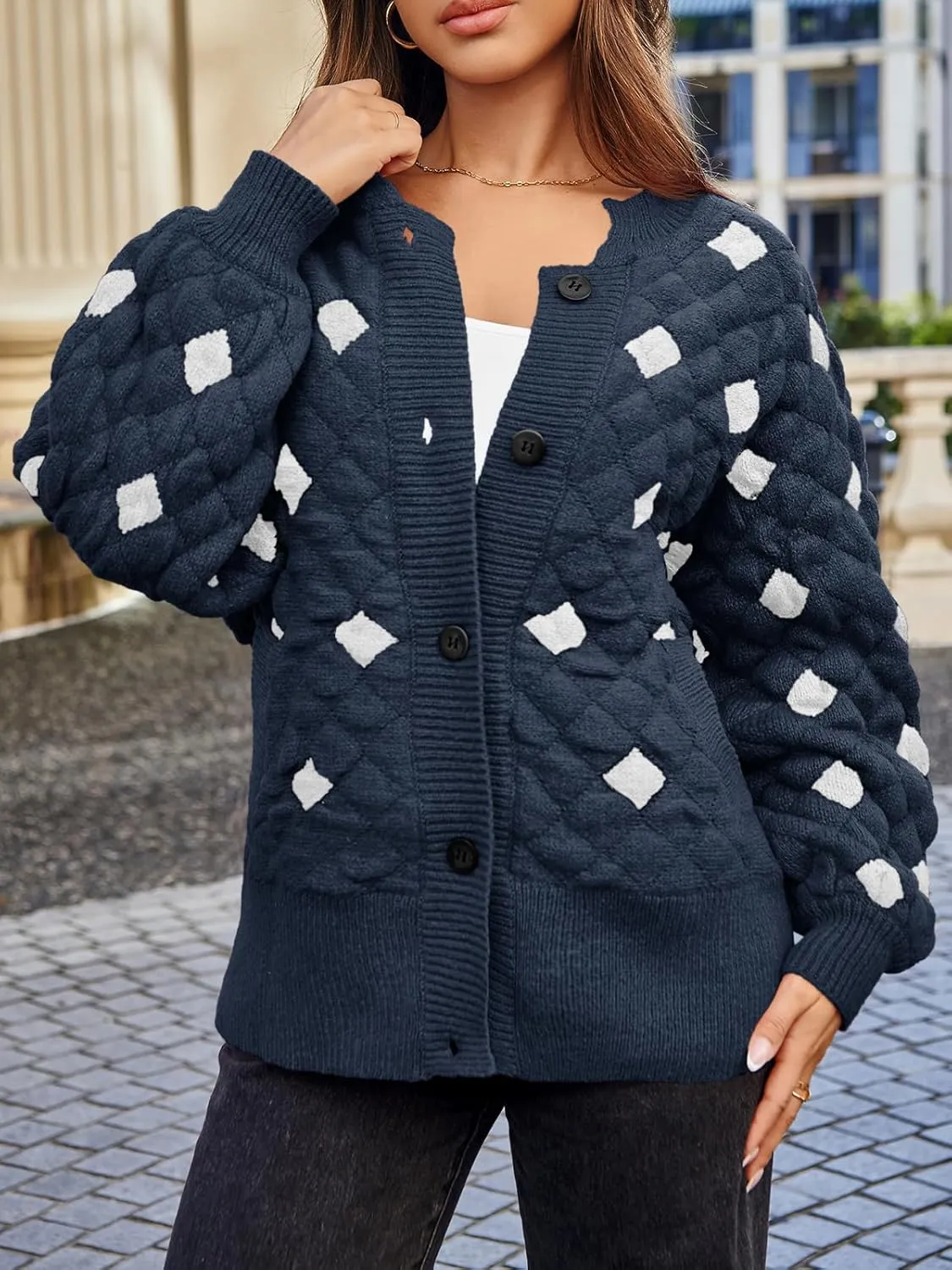 Saodimallsu Womens Chunky Cardigans Button Down Long Sleeve Open Front Plaid Knit Loose Fall Sweater Coats