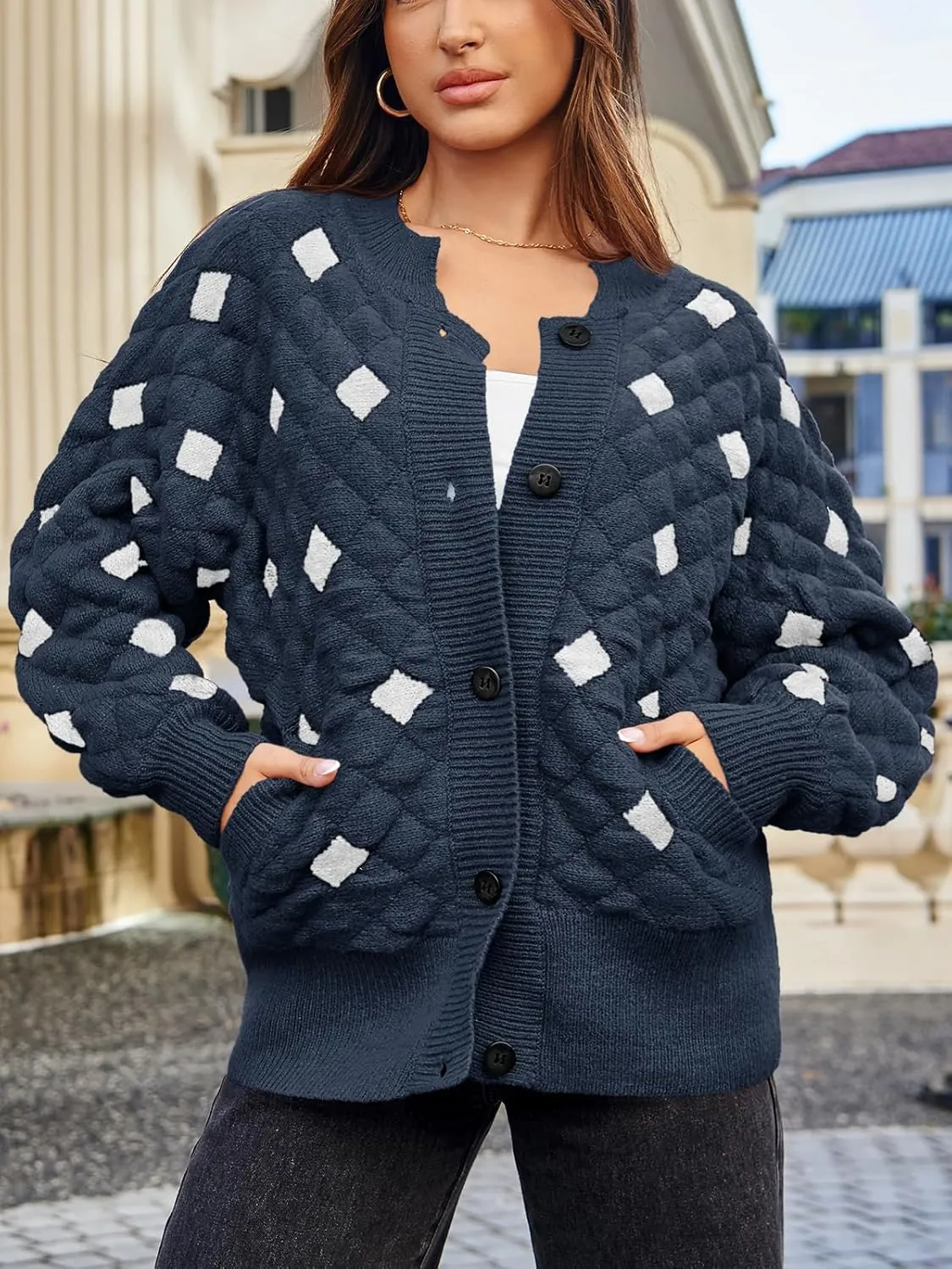Saodimallsu Womens Chunky Cardigans Button Down Long Sleeve Open Front Plaid Knit Loose Fall Sweater Coats