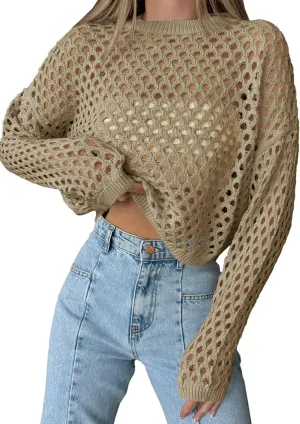 Saodimallsu Womens Crochet Crop Tops Summer Long Sleeve Mesh Knit Beach Cover Up Hollow Out Crewneck Pullover Sweaters