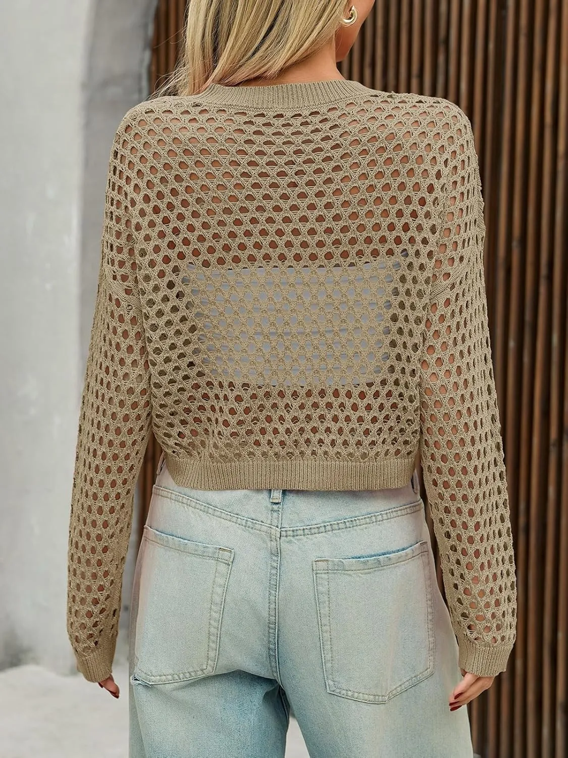Saodimallsu Womens Crochet Crop Tops Summer Long Sleeve Mesh Knit Beach Cover Up Hollow Out Crewneck Pullover Sweaters