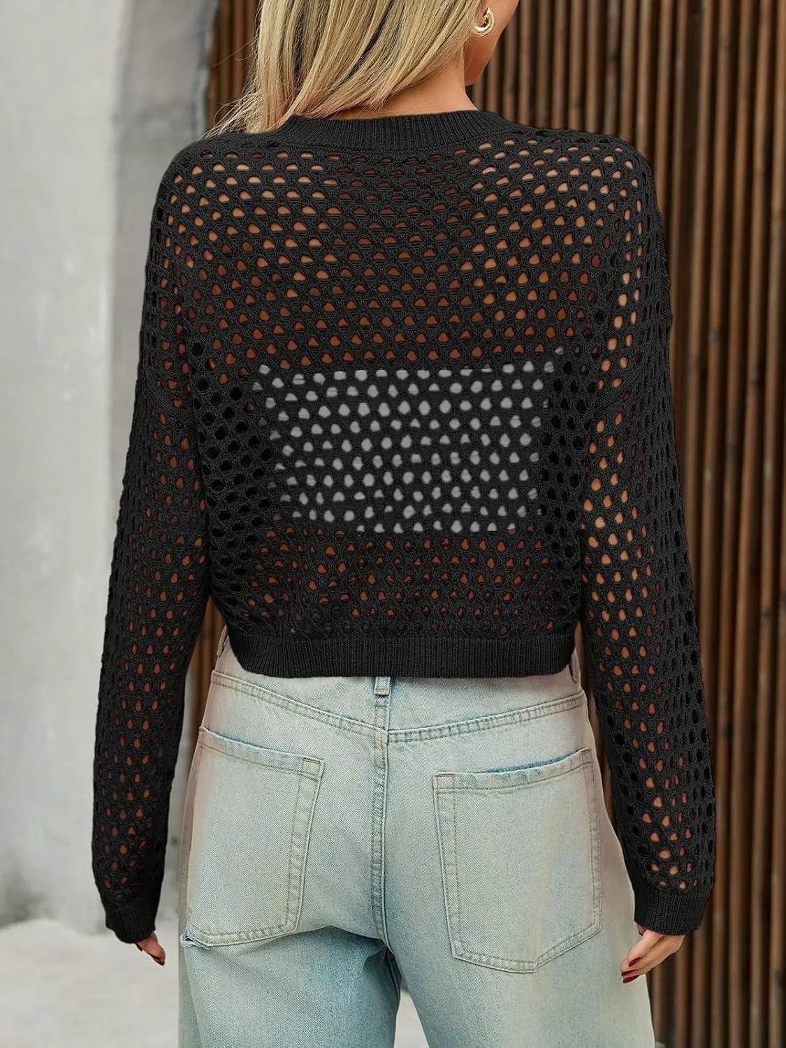 Saodimallsu Womens Crochet Crop Tops Summer Long Sleeve Mesh Knit Beach Cover Up Hollow Out Crewneck Pullover Sweaters