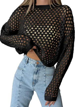 Saodimallsu Womens Crochet Crop Tops Summer Long Sleeve Mesh Knit Beach Cover Up Hollow Out Crewneck Pullover Sweaters