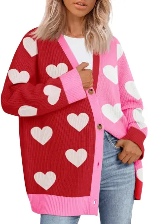 Saodimallsu Womens Heart Cardigan Sweaters Valentines Oversized Winter Color Block Button Up Cute Ribbed Sweater Coats