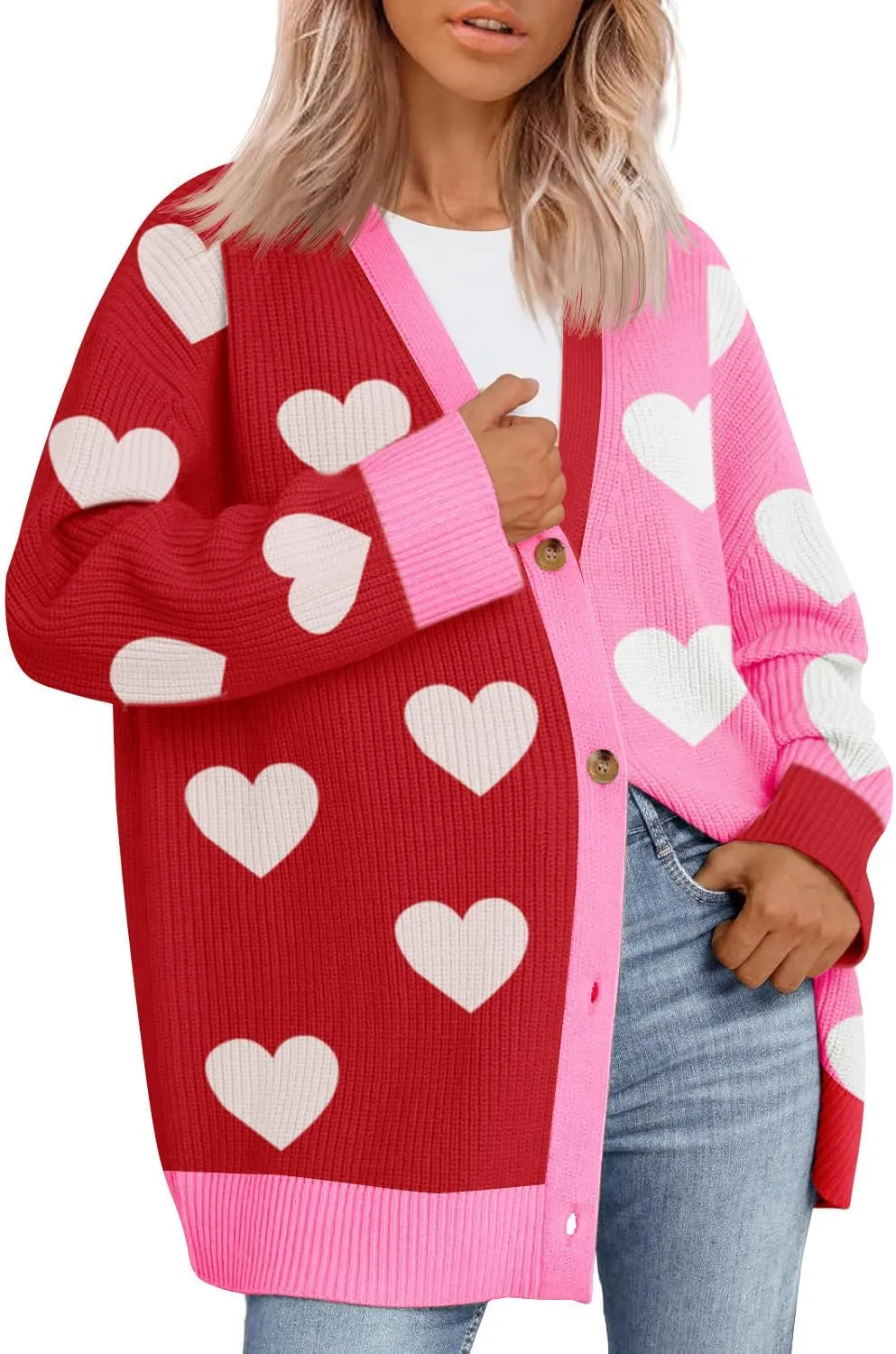 Saodimallsu Womens Heart Cardigan Sweaters Valentines Oversized Winter Color Block Button Up Cute Ribbed Sweater Coats