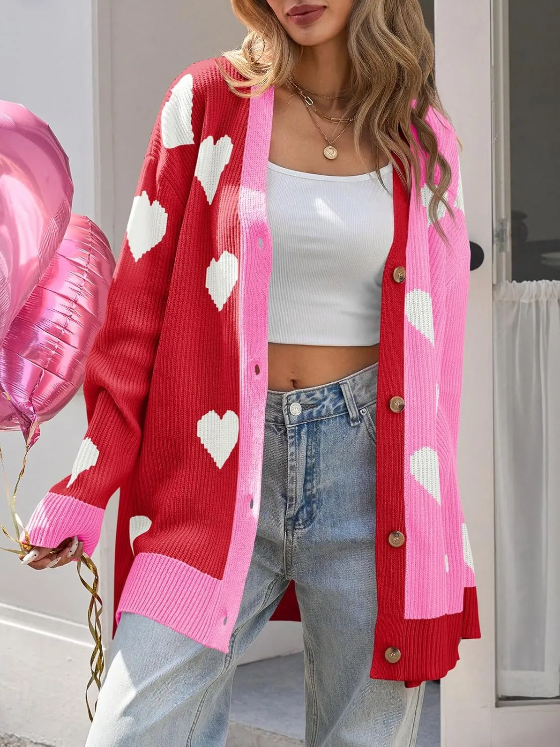 Saodimallsu Womens Heart Cardigan Sweaters Valentines Oversized Winter Color Block Button Up Cute Ribbed Sweater Coats