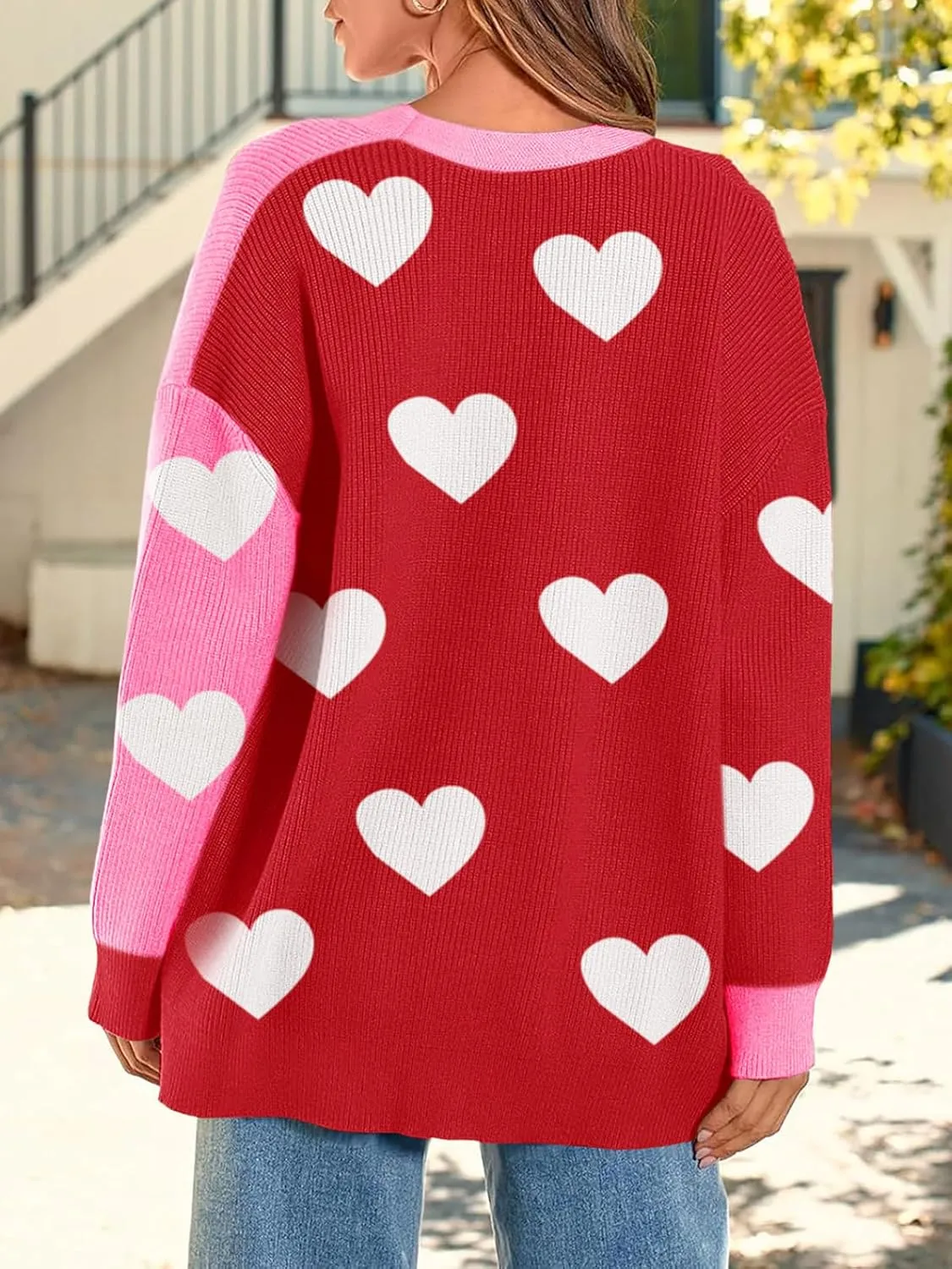 Saodimallsu Womens Heart Cardigan Sweaters Valentines Oversized Winter Color Block Button Up Cute Ribbed Sweater Coats