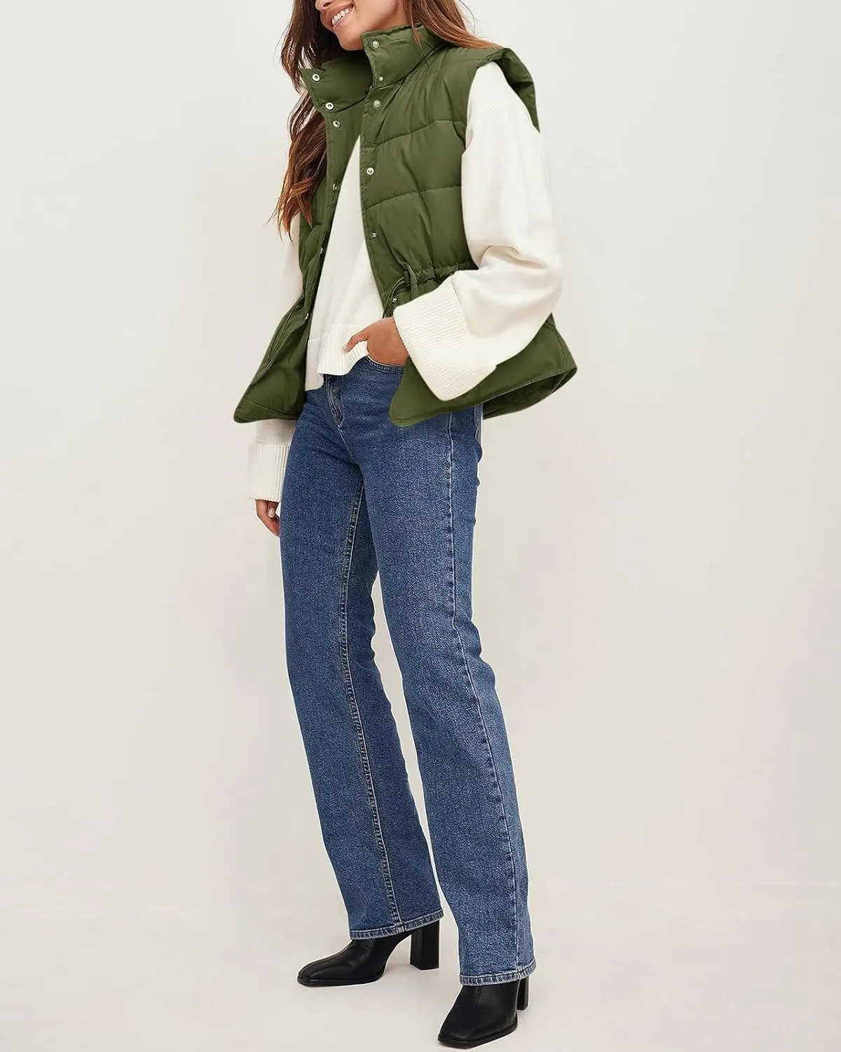 Saodimallsu Womens Puffer Vest Stand Collar Button Down Padded Jacket with Drawstring Waist