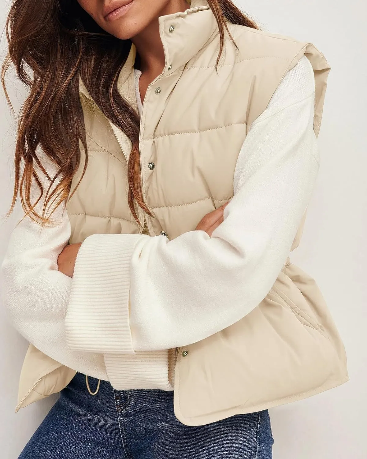 Saodimallsu Womens Puffer Vest Stand Collar Button Down Padded Jacket with Drawstring Waist