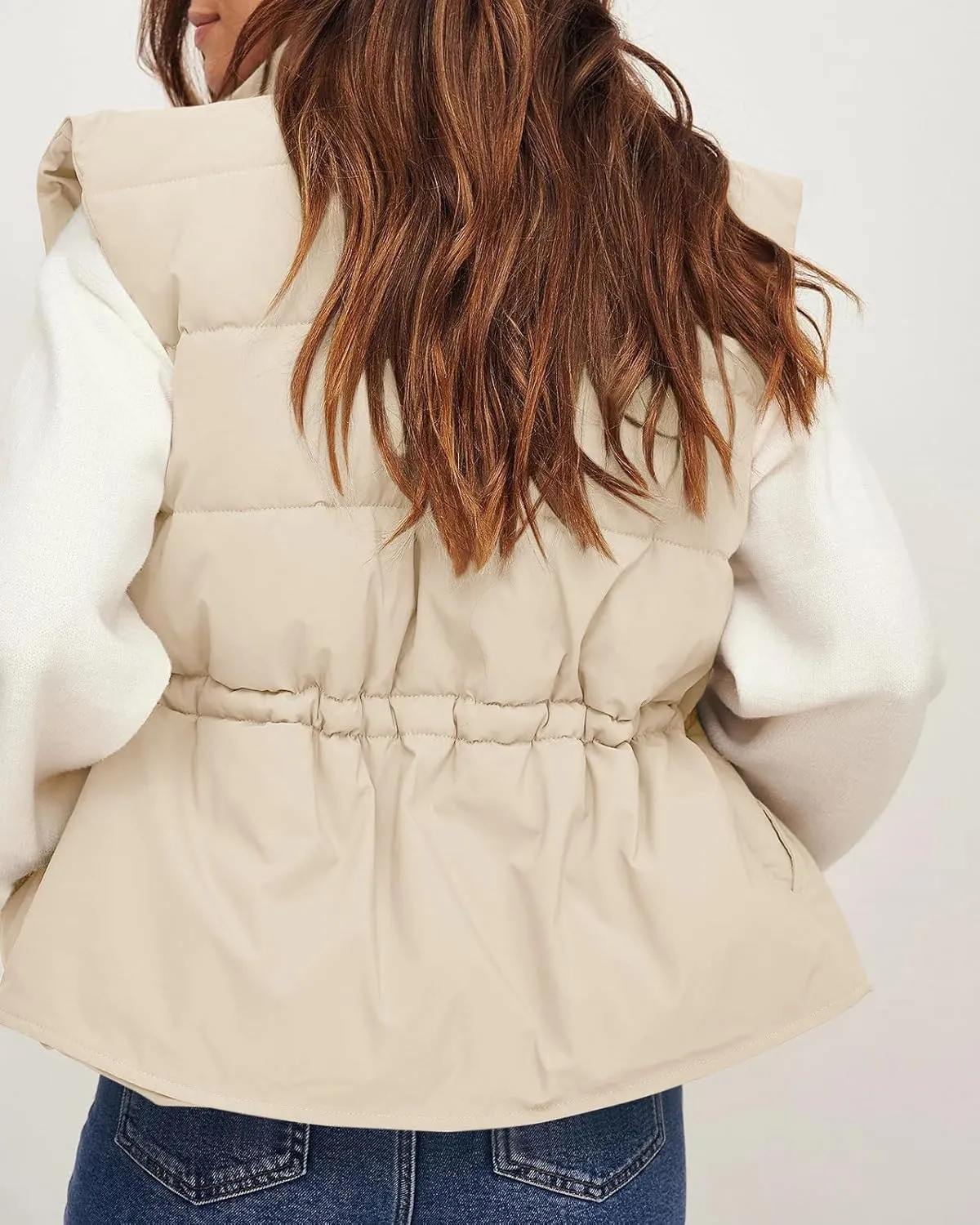 Saodimallsu Womens Puffer Vest Stand Collar Button Down Padded Jacket with Drawstring Waist