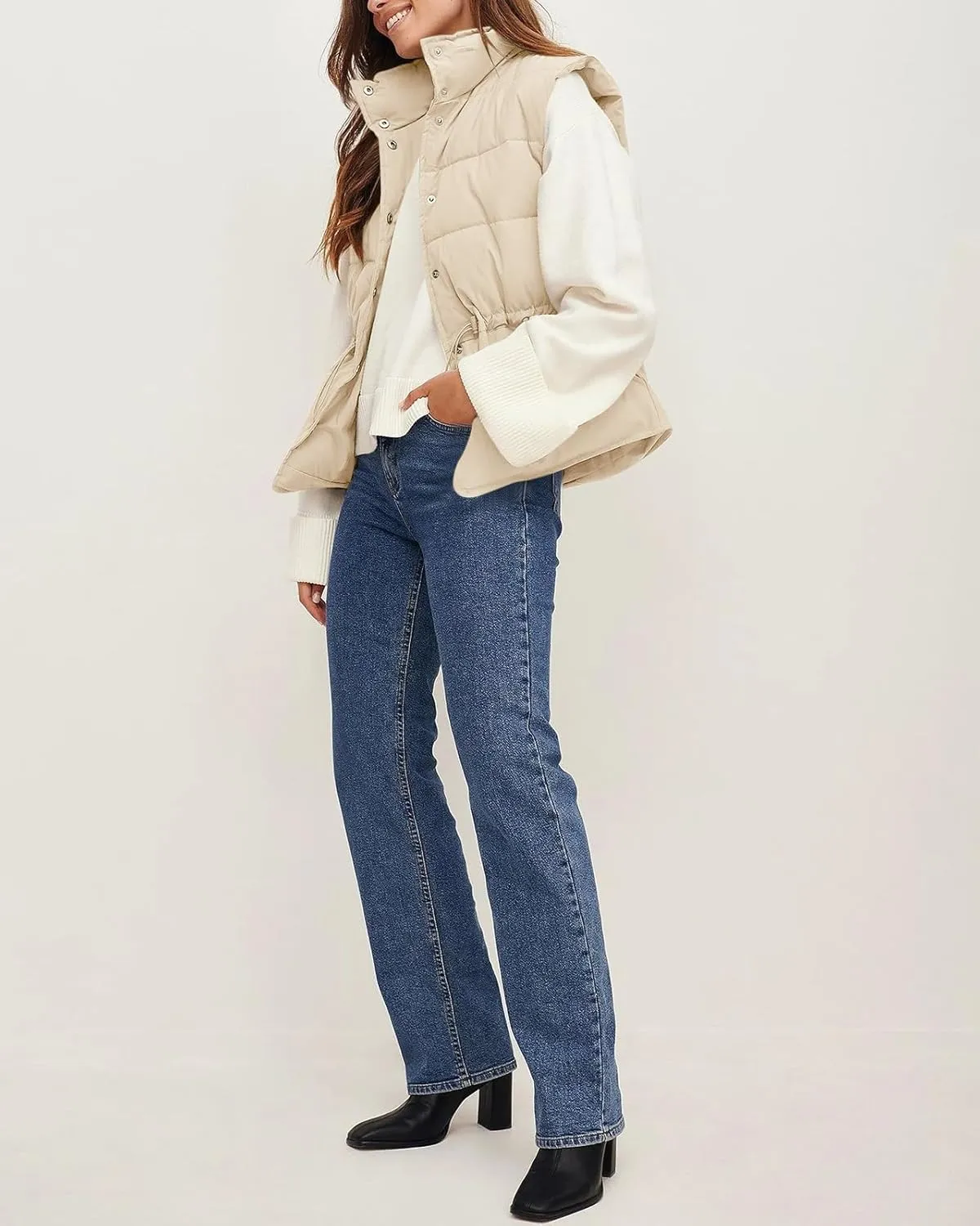 Saodimallsu Womens Puffer Vest Stand Collar Button Down Padded Jacket with Drawstring Waist