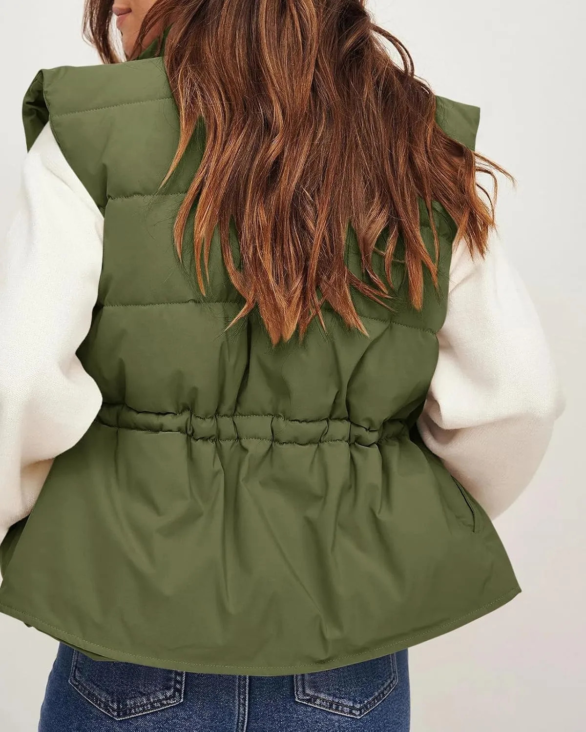 Saodimallsu Womens Puffer Vest Stand Collar Button Down Padded Jacket with Drawstring Waist