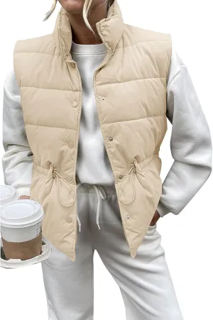Saodimallsu Womens Puffer Vest Stand Collar Button Down Padded Jacket with Drawstring Waist