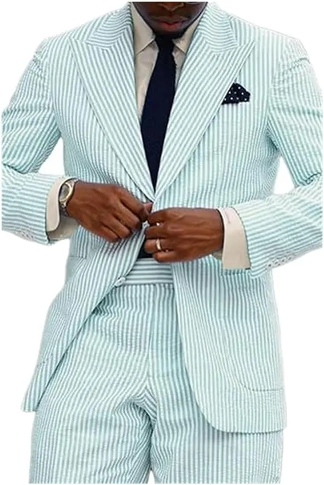 Seersucker Striped Men Suits Summer Blazer Pants Tuxedo 2Pcs Mens Wedding Grooms