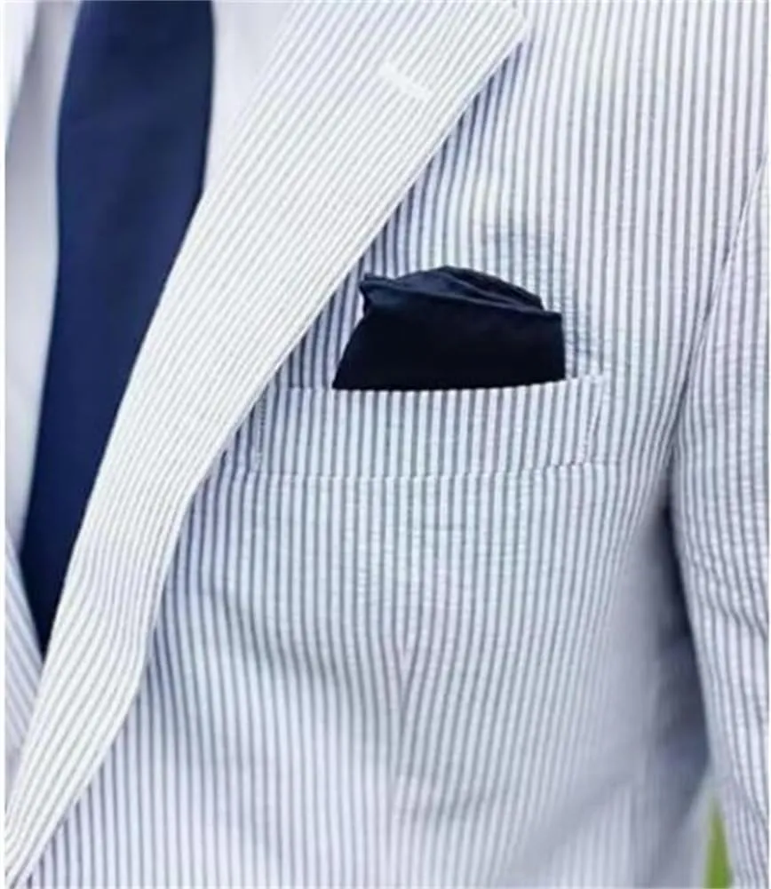 Seersucker Striped Men Suits Summer Blazer Pants Tuxedo 2Pcs Mens Wedding Grooms