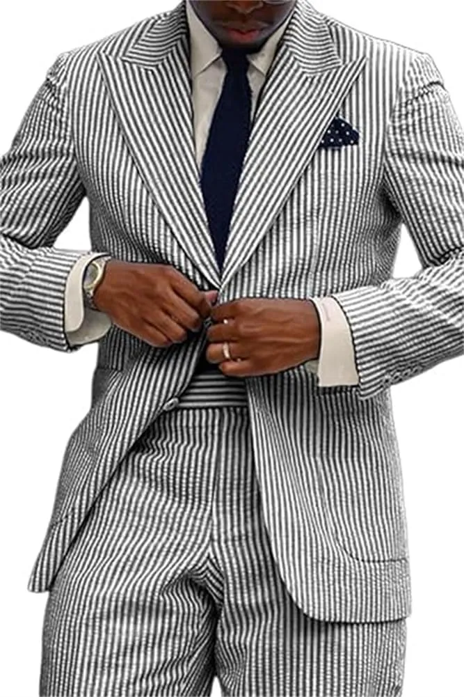 Seersucker Striped Men Suits Summer Blazer Pants Tuxedo 2Pcs Mens Wedding Grooms